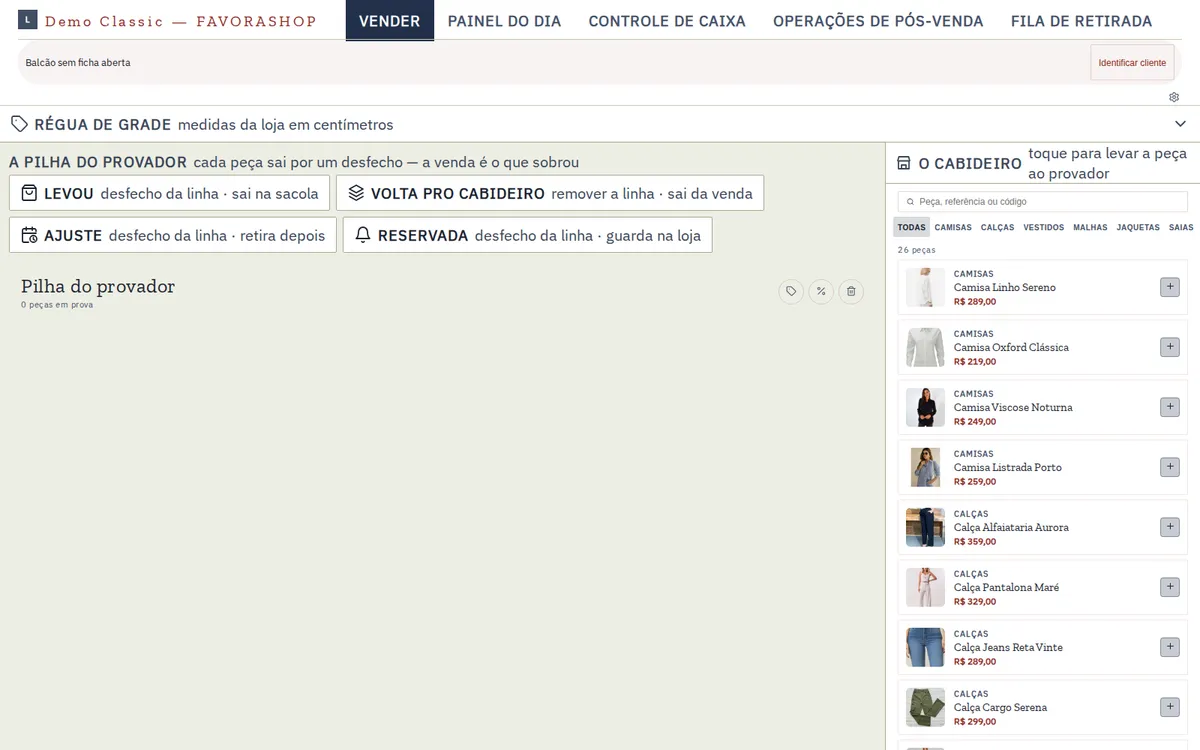 PDX da FAVORASHOP aberto na tela de venda de uma loja de moda, com a barra de operações da loja física.